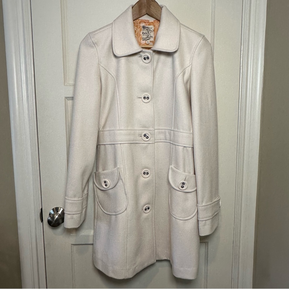 Tulle Wool Blend Button Up Mid Length Coat - Ivory- Size Medium